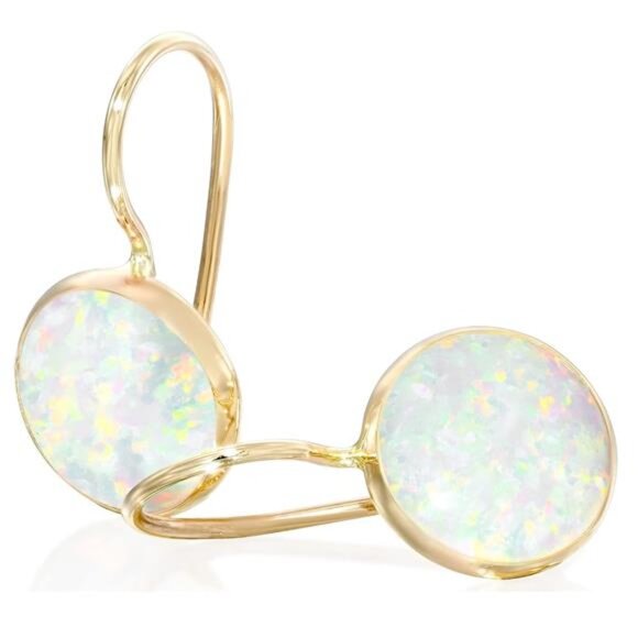 14k Solid Yellow Gold White Opal Earrings - October Birthstone Earrings - 8mm - Picture 1 of 8